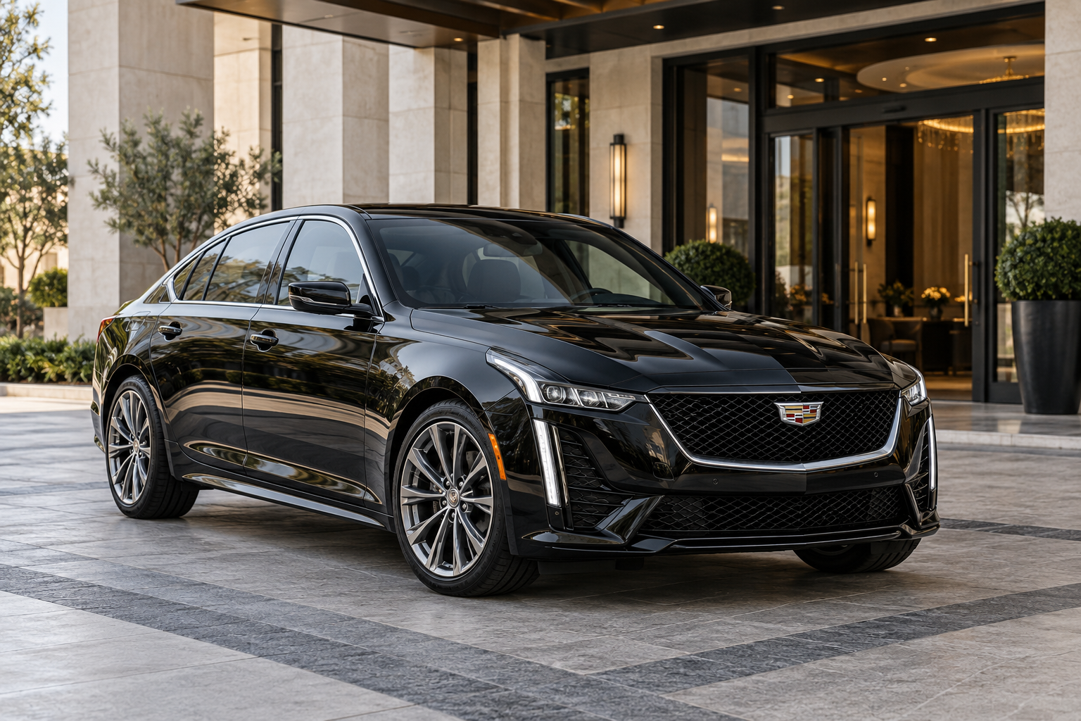 Black Cadillac CT5 sedan at a hotel entrance, front three-quarter view