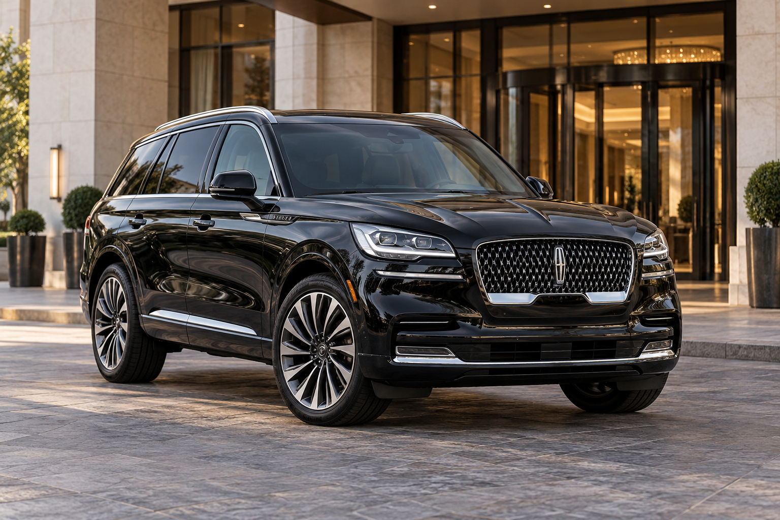 Black Lincoln Aviator at a hotel entrance, front three-quarter view