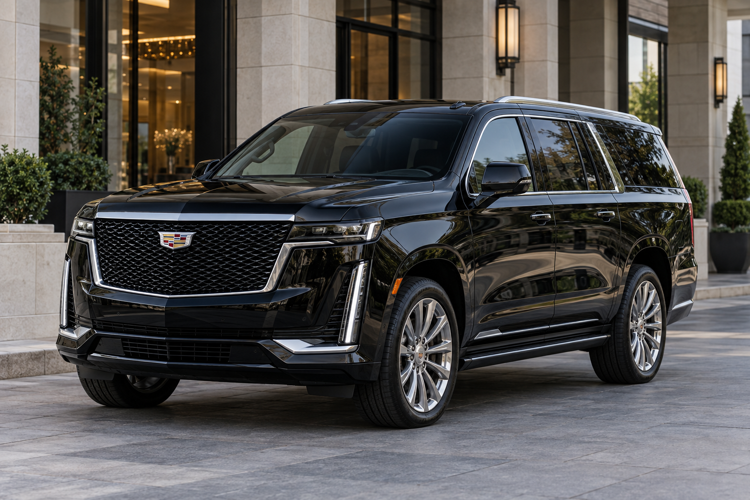 Black Cadillac Escalade at a hotel entrance, front three-quarter view