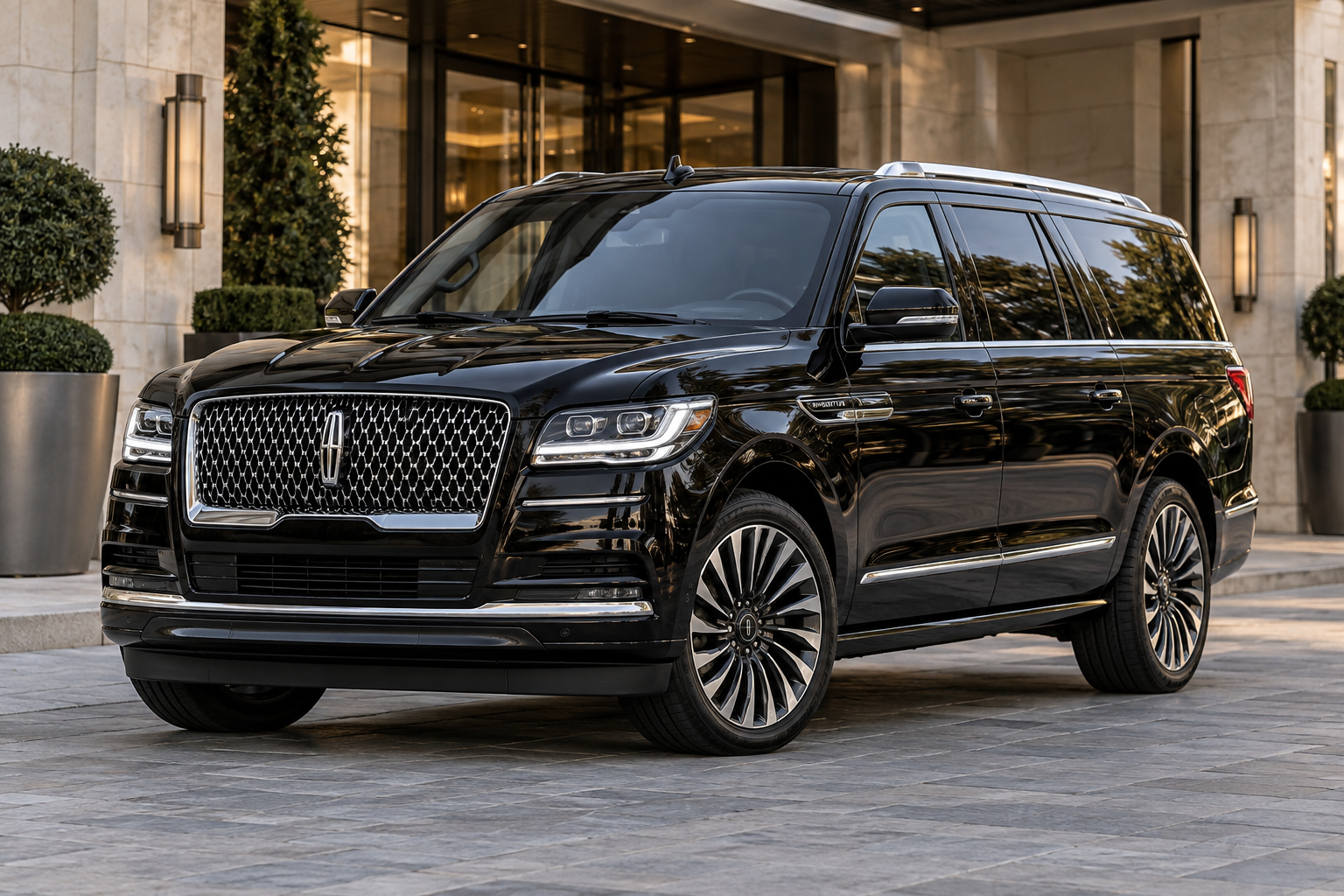 Black Lincoln Navigator at a hotel entrance, front three-quarter view