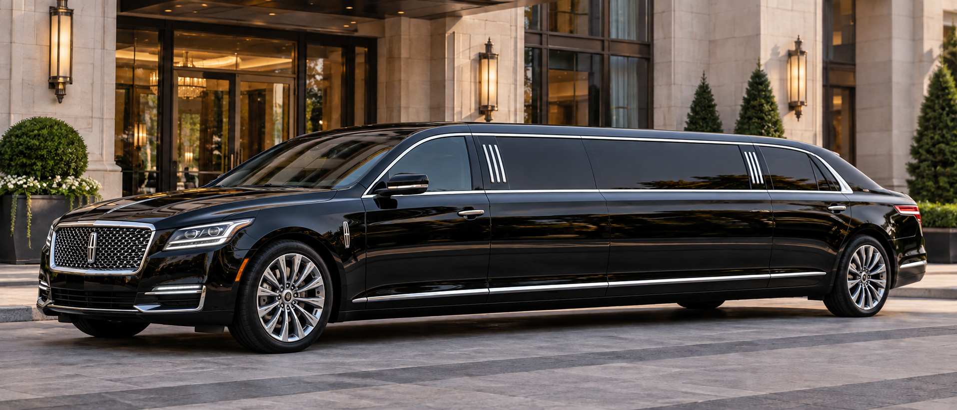 Black Lincoln Continental stretch limousine at a hotel entrance, side profile
