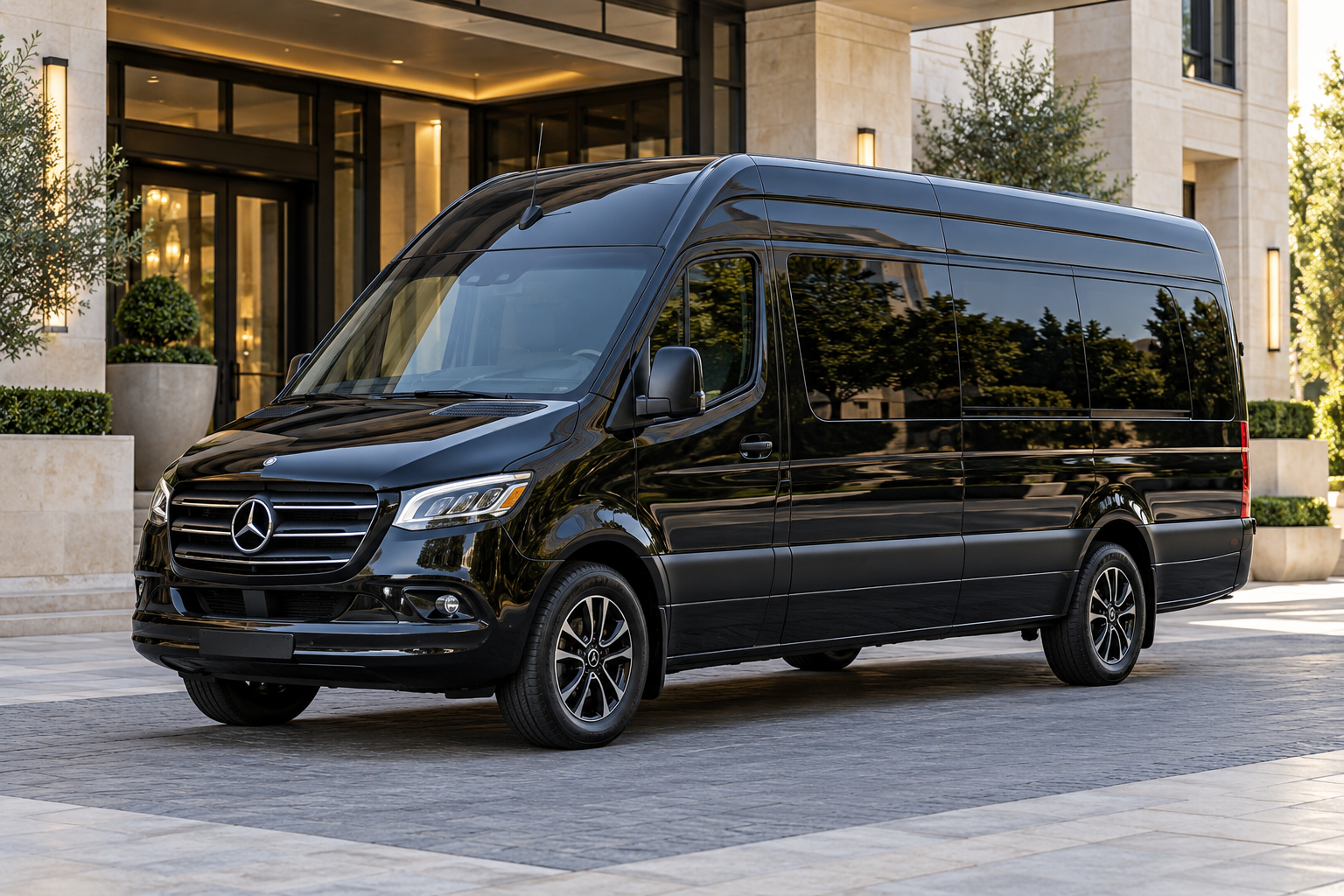 Black Mercedes-Benz Sprinter high-roof van at a hotel entrance, front three-quarter view